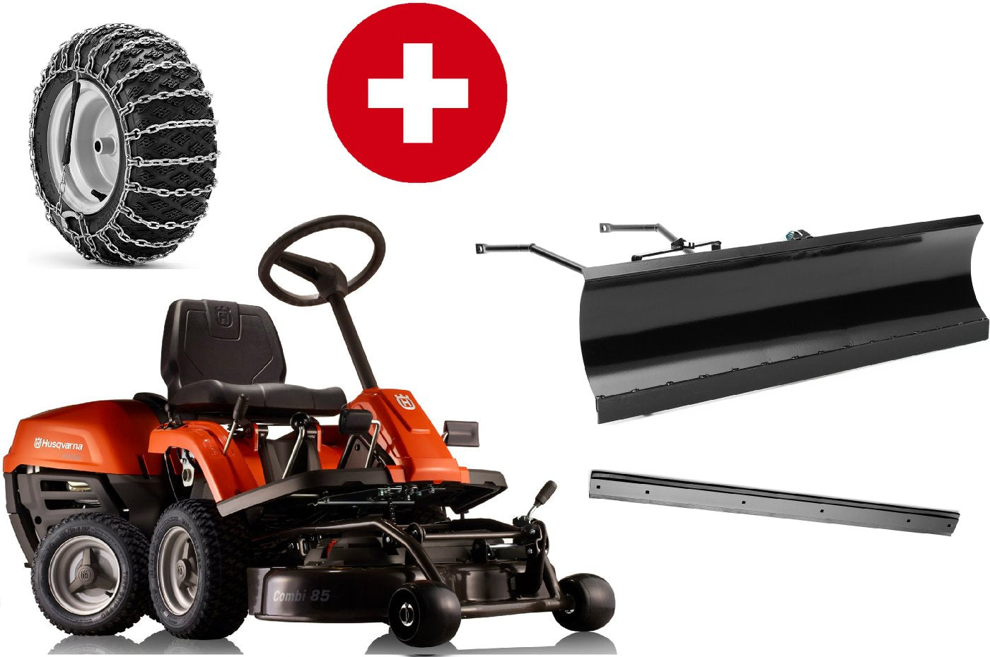 Tondeuse frontale Husqvarna R 112C5 avec plateau de coupe Combi 85 – pack hiver avec lame à neige, bande de caoutchouc et chaînes à neige – modèle 2025-Neuf
