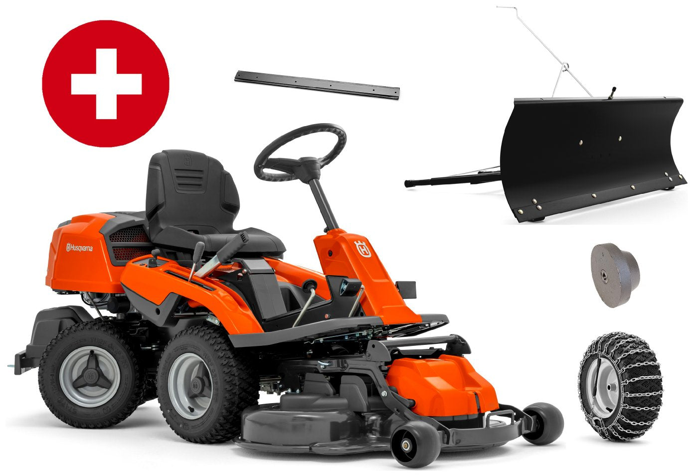 Tondeuse frontale professionnelle Husqvarna R 214C Combi 94 pack hiver avec lame à neige, bande de caoutchouc, poids et chaînes à neige – modèle 2025-Neuf