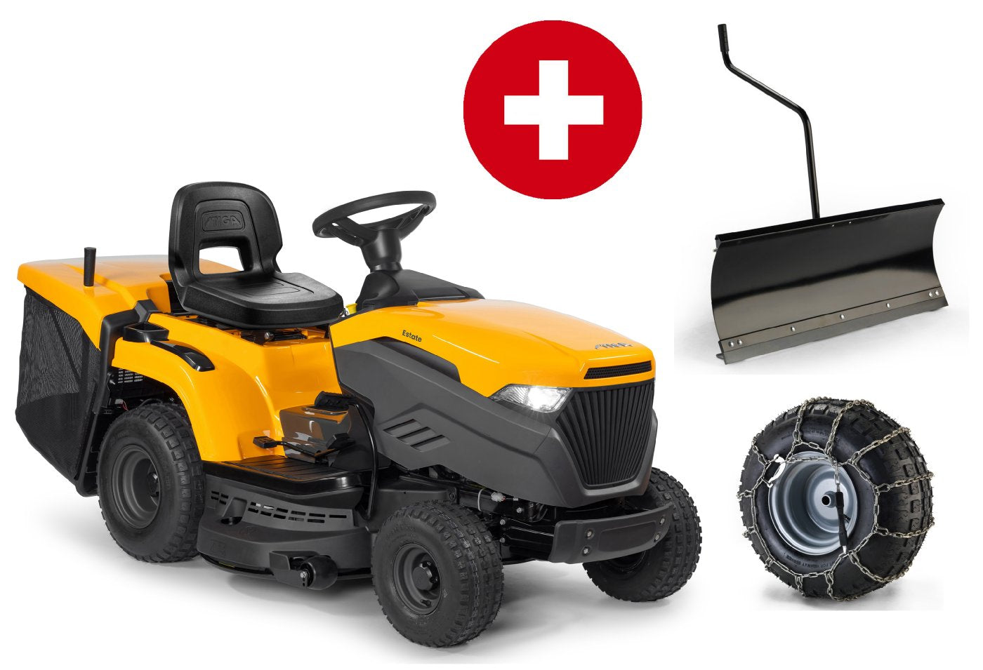 Tracteur de pelouse Stiga Estate 598 – pack hiver avec lame à neige et chaînes à neige-Neuf